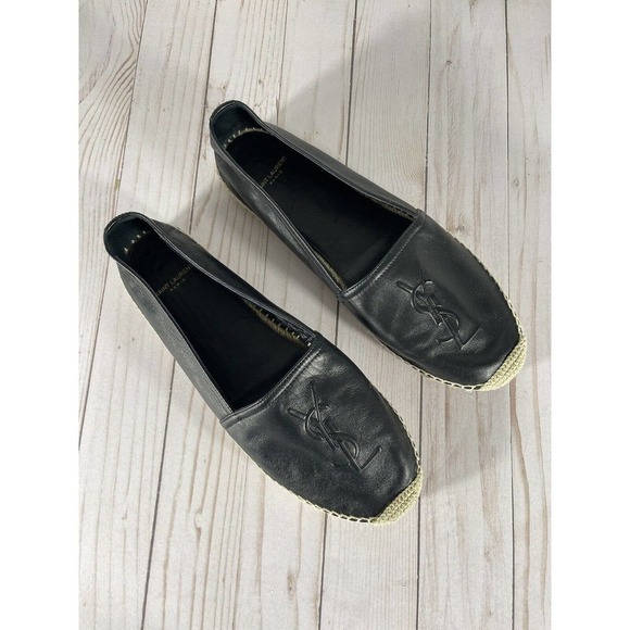 YSL SAINT LAURENT WOMEN’S LOGO ESPADRILLE BLACK LEATHER SZ-10 US/40 EU $650 - Picture 4 of 12